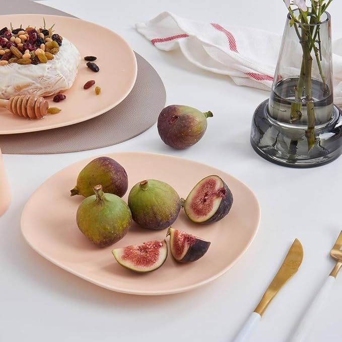 Minimalistic 6 Pieces Organic Shaped Dinner Plates Porcelain Dinnerware Set | Pretty Pastel orange Color Solid Design Dishwasher Microwave Safe Mix &amp Match Set