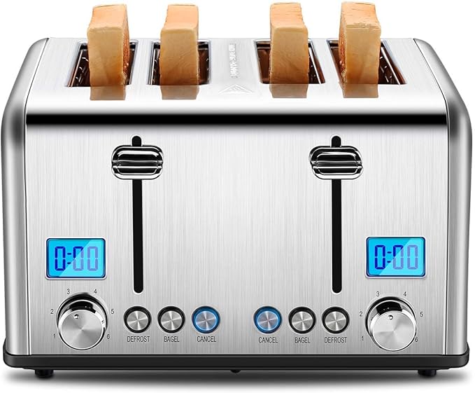 Roter Mond Countdown Stainless Steel 4 Slice Toaster with Bagel Defrost Cancel Function Dual Toaster Extra Wide Slots 6 Shade Settings Removable Crumb Trays 1650W