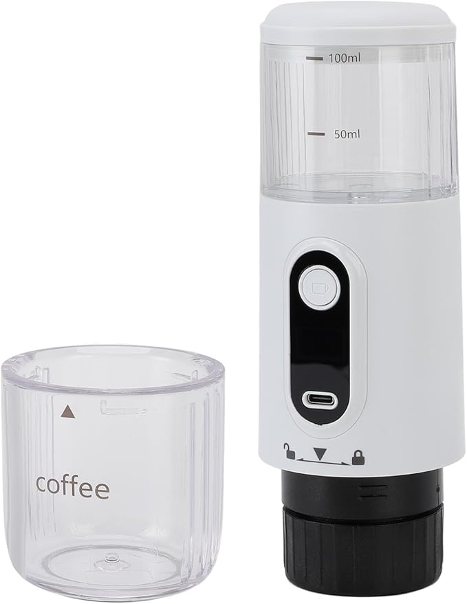 Portable Electric Espresso Machine Rechargeable Travel Coffee Maker Handheld Car Coffee Maker for Camping Hiking Office Powder and Capsules Compartment (White)