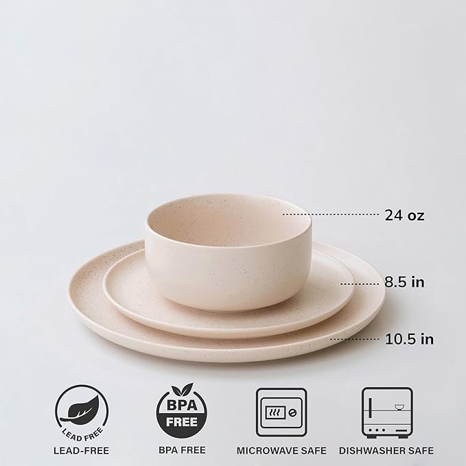 Stoneware Plates and Bowls Set - 12pcs Reactive Glazed Dinnerware Service for 4 Scratch &amp Chip Resistant (Oat Beige)