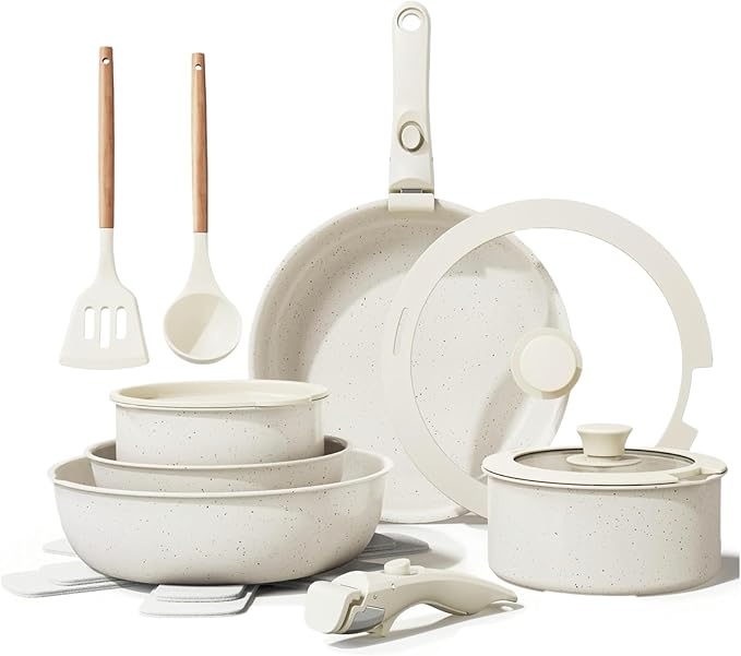 17pcs of Healthy Ceramic Cookware SetDetachable HandlePots and Pans Set Non StickNon Toxic Cookware Set RV Camping Stackable Pots Kitchen SetPFAS/PFOA FreeWhite