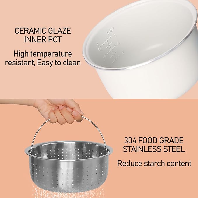Small Low Carb Rice Cooker 6 Cup 3L Mini Low Sugar Rice Cooker with Steamer Basket 5 Cooking Functions Smart Starch Removing 8H Keep Warm for PorridgeSoupQuick RiceWhite Rice(White)