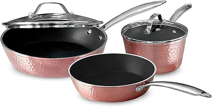Luxurious Ceramic 5 Piece Rose Gold Cookware Set with Glass Lids Lightweight Scratch-Resistant Dishwasher and Oven Safe up to 500°F