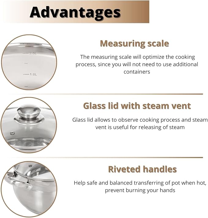 Daniks Classic 6.5 Quart Stainless Steel Stock Pot with Glass Lid Tri-Ply Bottom for Even Heating Induction Compatible Dishwasher Safe