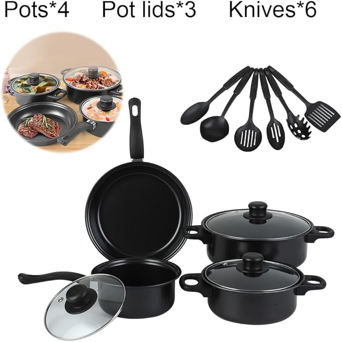 13 Piece Set Cookware Set Non-Stick Portable Lightweight Iron Pots and Pans with Glass Lids and Nylon Utensils for Outdoor Camping Picnic Travel Cookware