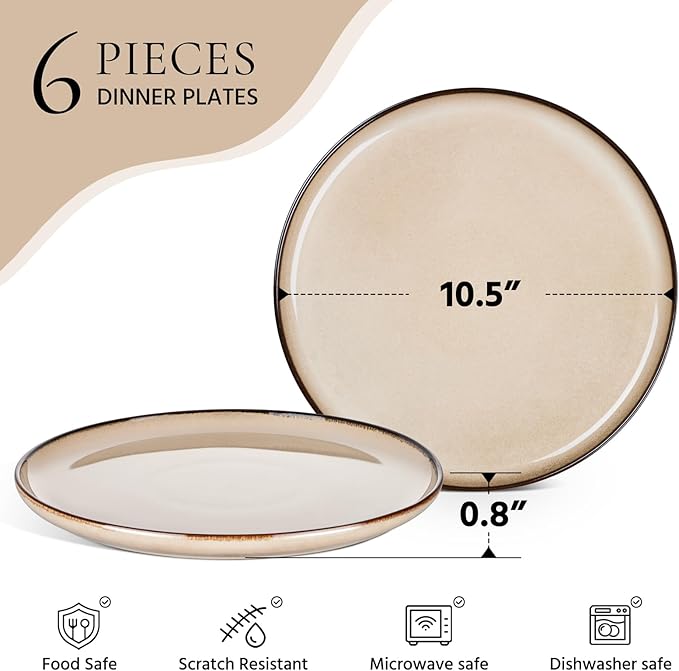 E-far 12-Piece Plates and Bowls Set and 10.5” Ceramic Dinner Plates Set of 6 Bundle Stoneware Dinnerware Sets for 4 Round Salad Plate for Home Kitchen Restaurant Microwave &amp Dishwasher Safe