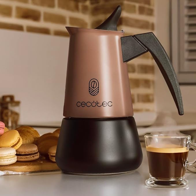 Cecotec Piccolina Italian Coffee Maker 600 Bronze 300ml 6 Coffee Cups Stainless Steel Suitable for All Surfaces Premium Filter Safety Valve Heat Resistant Handle Elegant Design