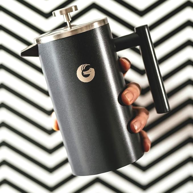 Coffee Gator 304 Grade Stainless Steel French Press Coffee Maker 34 oz Double Wall Insulated Hot Cold Brew Teapot with 4-Level Filtration System Include Travel Jar Canister Rust-Free Kitchen Gray