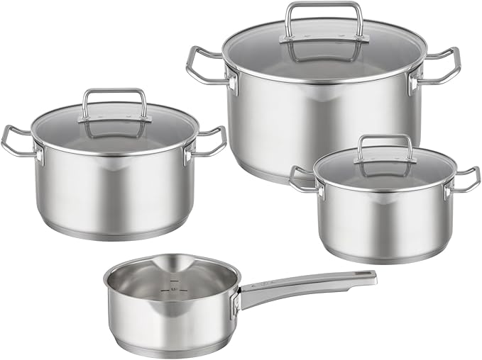 RÖSLE EXPERTISO 4-Piece Pot Set Universal Pot Set with 3 Pots and 1 Saucepan 18/10 Stainless Steel Glass Lids Scale on Inside Suitable for Induction Cookers Dishwasher Safe