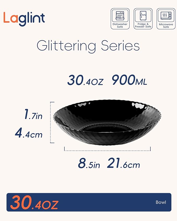 Dinnerware Sets Light &amp Durable 18 Pieces Opal Glass Plates and Bowls Set Dishwasher and Microwave Safe Dish Dinning Ware Thin but Strong Geometric Faceted Black