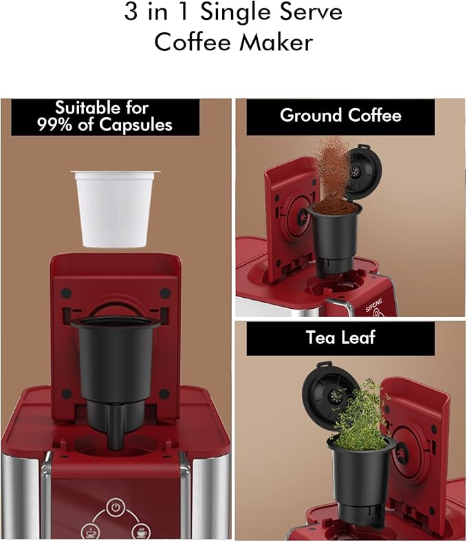 SIFENE KC101 3-in-1 Single Serve Coffee Maker Compact &amp Portable Compatible with K-Cup Pods Only Ground Coffee &amp Tea Fast Brew in 60 Seconds 50oz Removable Reservoir Easy to Clean Red