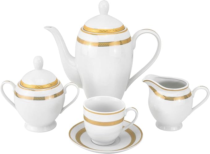 Royalty Porcelain White 57pc Dinner Set Gold Celtic Strip Bone China Porcelain
