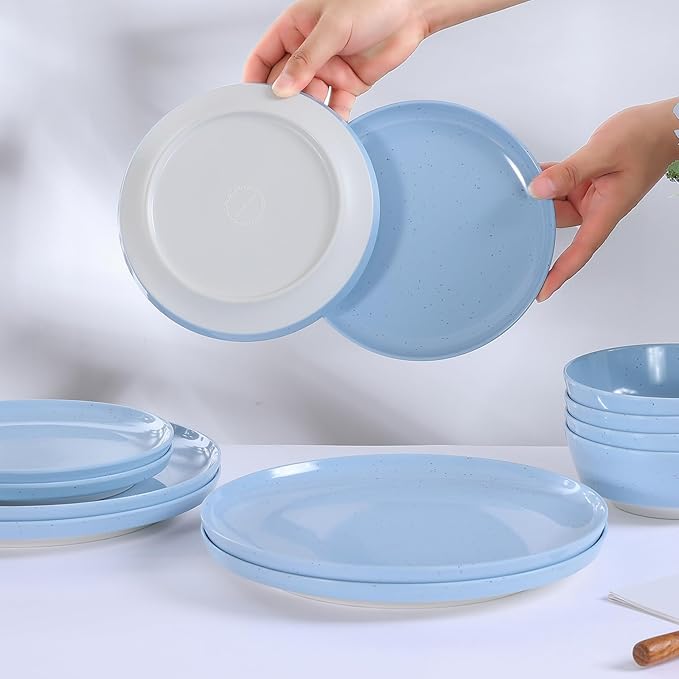 Webbylee 12-Piece Melamine Dinnerware Set for 4 – Unbreakable Plates &amp Bowls Lightweight Two-Tone Blue &amp Beige Ideal for Family Meals Camping Picnic Parties
