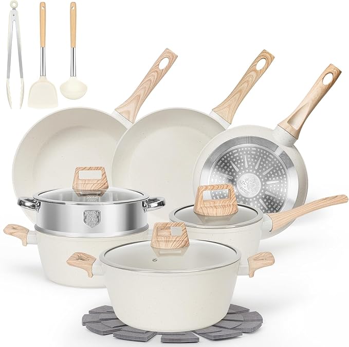 12pcs Pots and Pans Set Non StickKitchen Cookware Sets Induction CookwareNonstick Granite Cooking Set with Frying PansSaucepans Steamer Silicone Shovel Spoon &ampTongs Nonstick Pots Aluminium (Wh