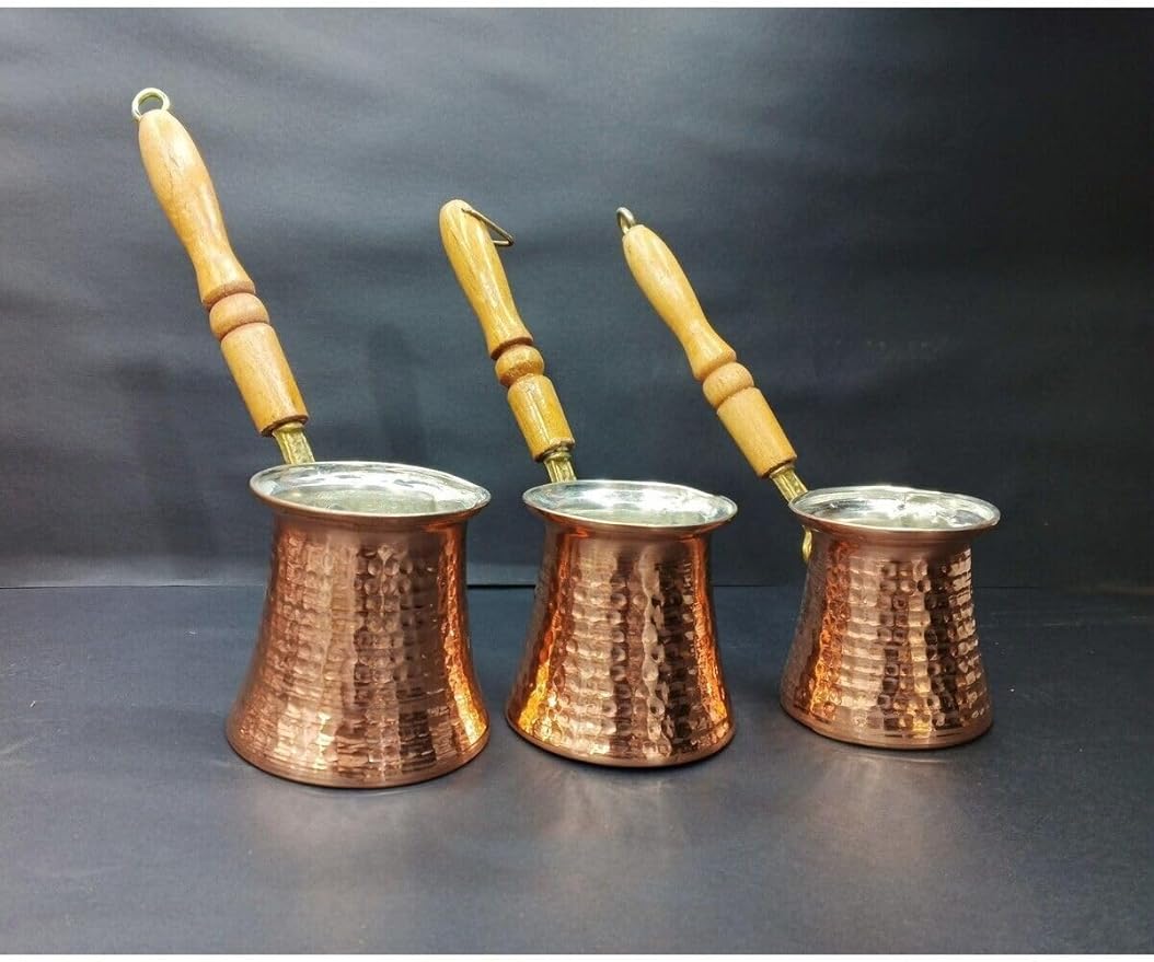 Copper Coffee Pot Set 3 Piece Traditional Turkish Coffee Maker Set Small Medium Large Sizes for Authentic Brewing One Size - Copper One Size