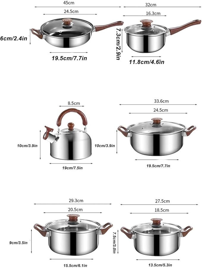 AUNMAS Stainless Steel Cookware Set Multifunctional Wooden Grain Kitchen Pots Pans Set with Kettle Long Service Life for Home Use