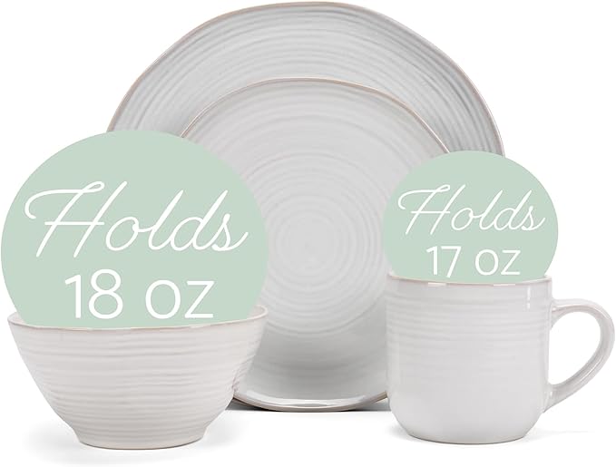 Elanze Designs Reactive Glaze Farmhouse Rustic Boho Ceramic Stoneware Dinnerware 16 Piece Plate Bowl Mug Dish Set - Service for 4 Classic White