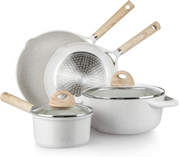 6Pcs Pots and Pans set Die-cast aluminum cookware Kitchen Induction Pots and Pans cooking set PFOA-free GenX-free Oven-safe casserole Frying pans Cream (6-Piece)