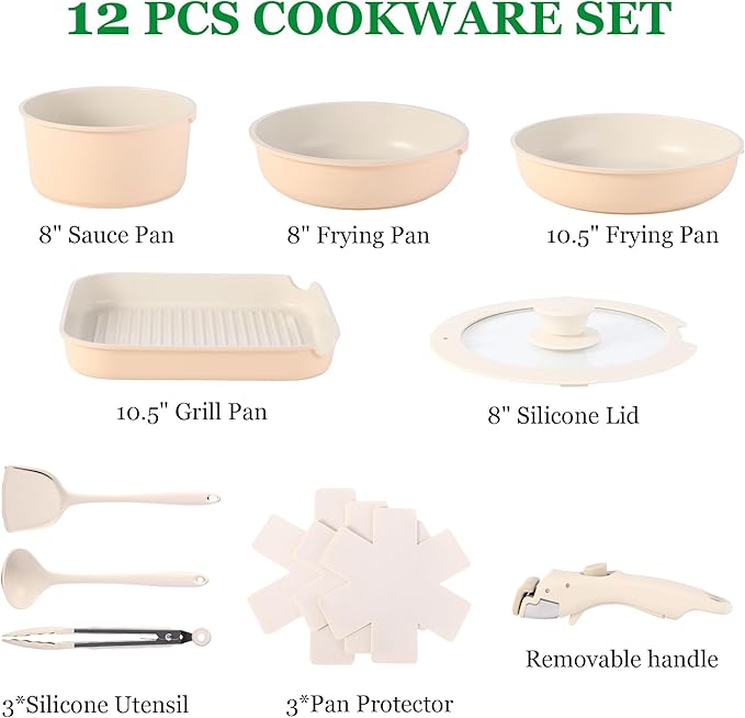 12 PCS Kitchen Cookware Set with Detachable Handle Pots and Pans Sets Non Stick Induction Pan Set for RV CookwareOven Safe PFOA Free(Hazelnut)