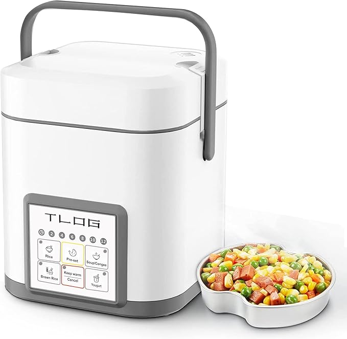 TLOG Mini Rice Cooker 2.5 Cups Uncooked Healthy Ceramic Coating Portable Cooker 1.2L Travel Small for 1-3 People Personal maker Food Steamer 12 Hours delay timer Multi-cooker Grains Oats