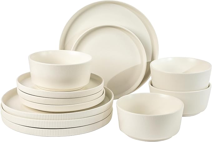 Gibson Home Dempsey Road 12-Piece Stoneware Dinnerware Set – Service for 4 Round White Plates and Bowls Durable Solid Color Modern Embossed Dish Set Microwave &amp Dishwasher Safe