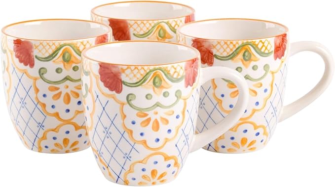 12-Piece Round Stoneware Dinnerware Set – Hand-Painted Plates and Bowls with Tile Design Microwave &amp Dishwasher Safe – Colorful Ceramic Dishes for 4 (Red)