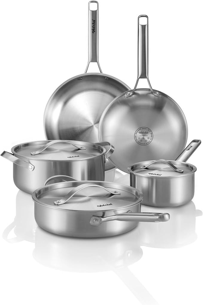 Stainless Steel Cookware Set 8 Pcs Tir-Ply Pots and Pans Set PFOA&ampPTFE Free Dishwasher&ampOven Safe Kitchen Induction Compatible ollas de acero inoxidable para cocinar