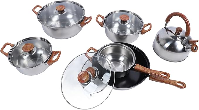 Stainless Steel Kitchen Cookware Set with Unique Wood Grain Design Multifunctional Pots and Pans with Kettle for Family Cooking