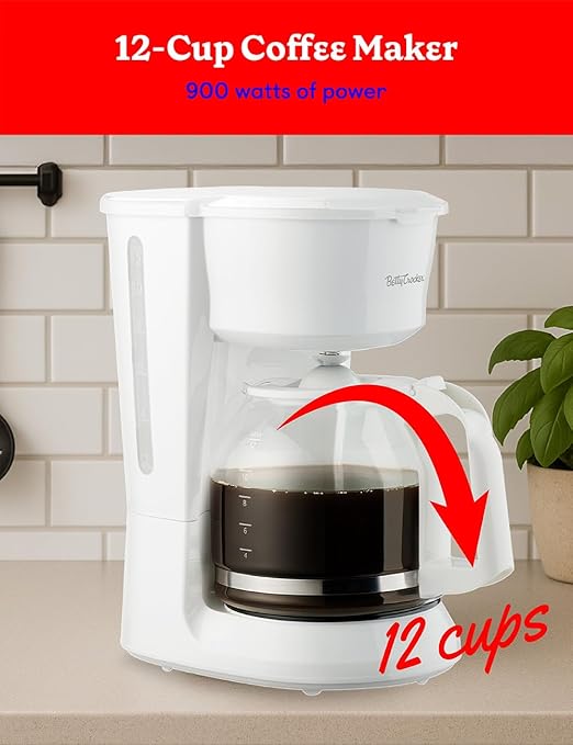 Betty Crocker 12-Cup Drip Coffee Maker with Heat Resistant Glass Carafe Removable Permanent Nylon Filter Pause &amp Pour Water Level Gauge Non-Stick Warming Plate BC-5729W White