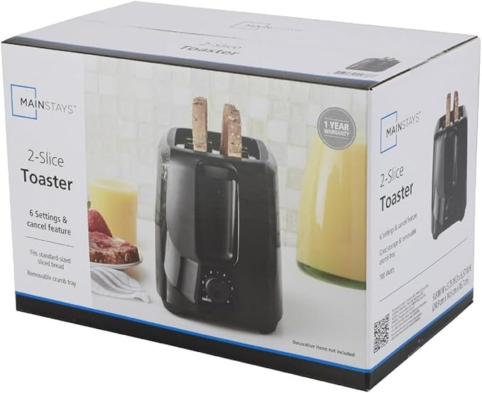 IT'S BRAZILIAN Mainstays 2-Slice Toaster with 6 Shade Settings and Removable Crumb Tray Black