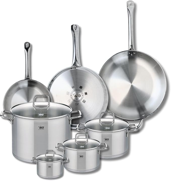 ELO 9513650 Cookware Set 7 Pieces 3 Frying Pans 24 28 and 32 cm and 4 Saucepans 12 16 20 and 26 cm Elo Profi Citrine Stainless Steel Induction