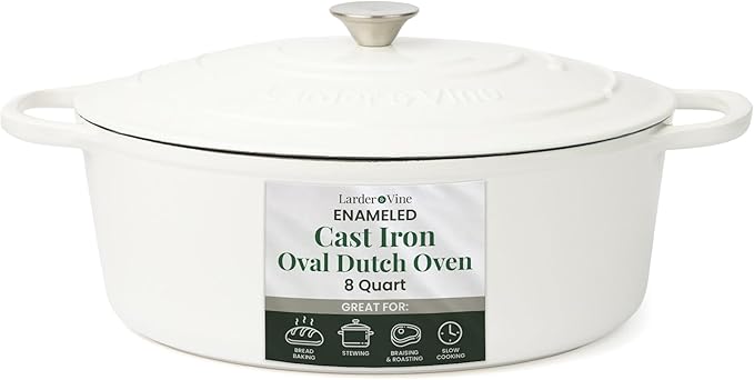 Larder &amp Vine Enameled Cast Iron 8 qt Dutch Oven Pot with Lid | Bread Baking | Compatible on All Cooktops &amp Oven Safe to 500° F | Great for Sourdough Bread | White