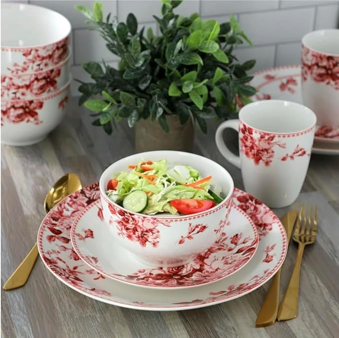 Traditional Red Rose 16 Piece Stoneware Dinnerware Set (Red)