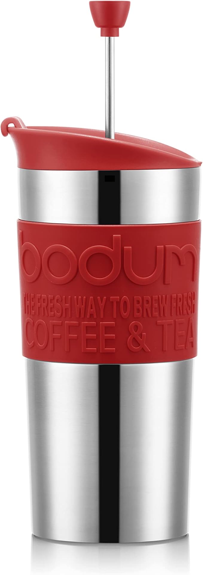 Bodum K11067-04 TRAVEL PRESS SET Vacuum Insulated Piston Mug Double-Walled Stainless Steel with Extra Lid 0.35 L