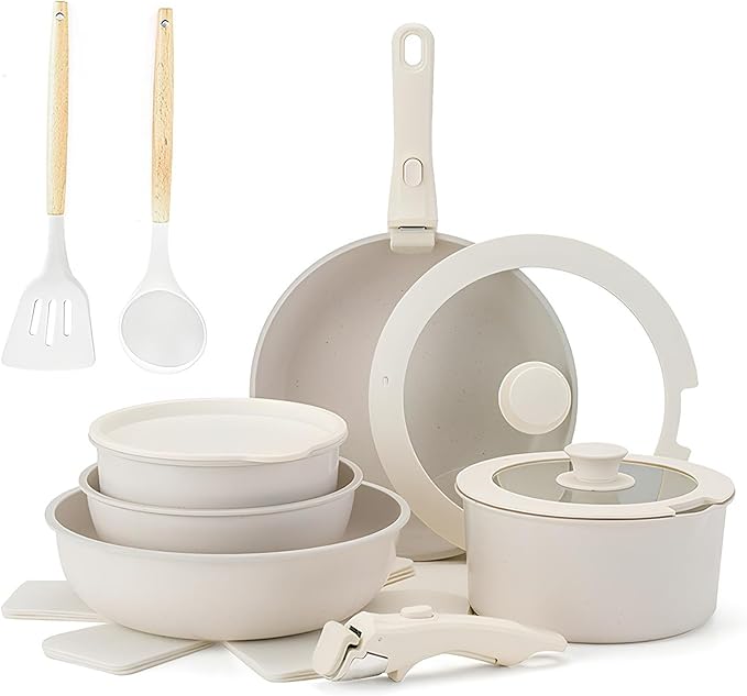 Pots and Pans Sets 17-Pieces Nonstick Ceramic Cookware Sets Kitchen Cooking Set with Removable Handles Silicone Tools and Pot Protectors