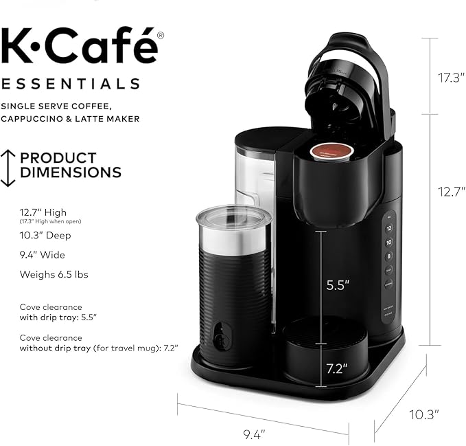 Keeurig K-Café Single Serve Coffee Maker Built-In Milk Frother Latte &amp Cappuccino Brewer Espresso Shot 3 Brew Sizes 42 oz Water Reservoir Travel Mug Friendly Compact Design (Black 42oz)