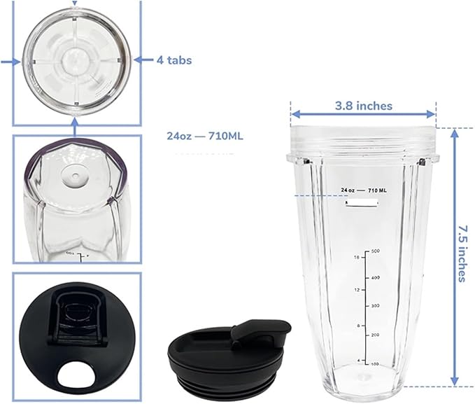 ABKR-24Oz Blender Cup With Lid Compatibie For Ninja Auto IQ Pro BL480 BL482 BL642 BL682 BL450 BN401 BN751 BN801 Foodi SS351 Parts