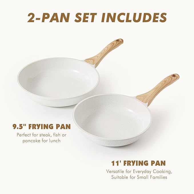 SENSARTE Nonstick Frying Pan Skillets White Ceramic Coating Omelette Pans Healthy Cookware Chef's Pan PTFE &amp PFAS Free (9.5+11 Inch)
