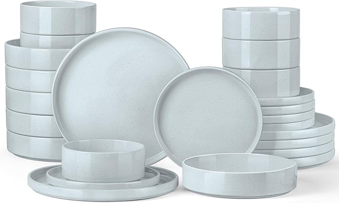 Onader Dinnerware sets 24 Piece Plates and Bowls Stoneware Kitchen Dinner Dish Set for 6 Ceramic Speckled Dinnerware with Pasta Bowl - Slate Gray