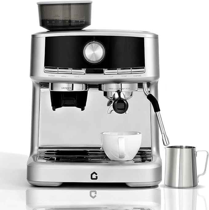 20 Bar Pressure Stainless Steel Espresso Machine with Grinder 1.5l Removable Water Tank Milk Frother Steam Wand for Latte and Cappuccino Adjustable Shot VolumeSilver