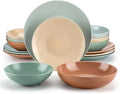 Stackable 16 Pieces Round Shaped Stoneware Dinnerware Set | Semi-Matte Speckled Glaze Finish Green Beige Mixed Color | Highly Durable Dishwasher &amp Oven Safe Pretty Smooth Textured | Stylish Look
