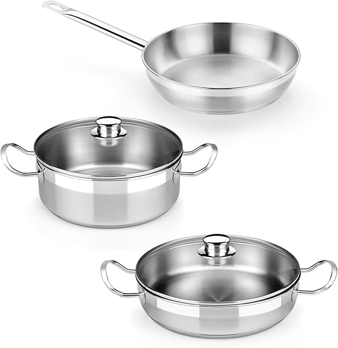 BRA COOKWARE Profesional 5 Piece Cookware Set | Stainless Steel Professional Kitchenware Set | 1 Stock Pot 1 Sauté Pan 1 Frying Pan 2 Lids | All Heat Sources Compatible | PFOA Free