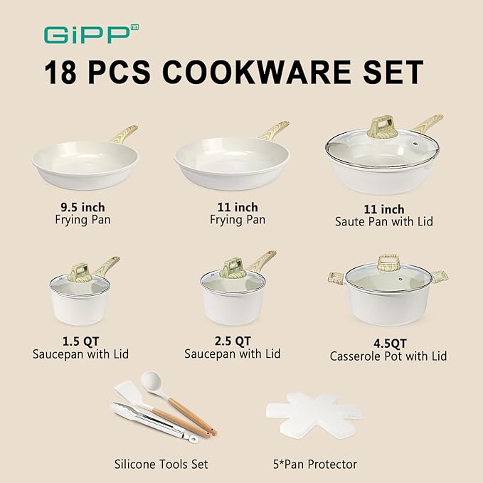 GiPP Pots and Pans Set Non Stick - 18 Pcs Granite Kitchen Cookware Sets Nonstick Induction Cookware Non-toxic Cooking Pan Set with Lids PFOS and PFOA Free (Cream White)