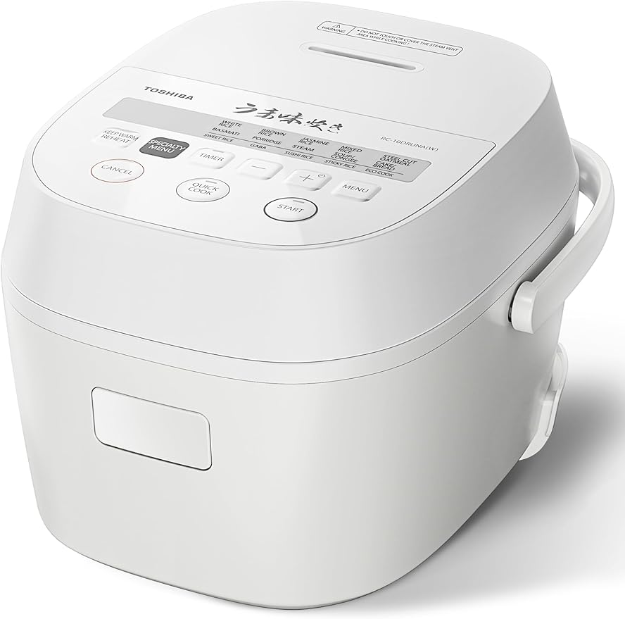 TOSHIBA OriginTaste Rice Cooker 5.5-Cup Uncooked Fuzzy Logic 15-in-1 Functions Digital Display Delay Timer Keep Warm Nonstick Inner Pot White