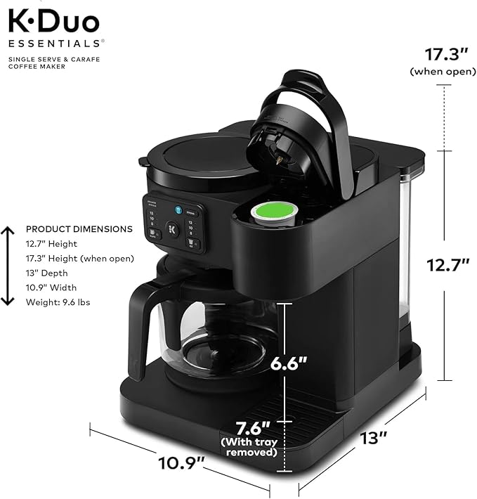 K-Duo Essentials Hot &amp Iced Single-Serve Coffee Maker with 12-Cup Glass Carafe Brews KCup Pods &amp Coffee Grounds Multiple Brew Sizes 72 oz Reservoir Pause &amp Pour Feature (Blacks)