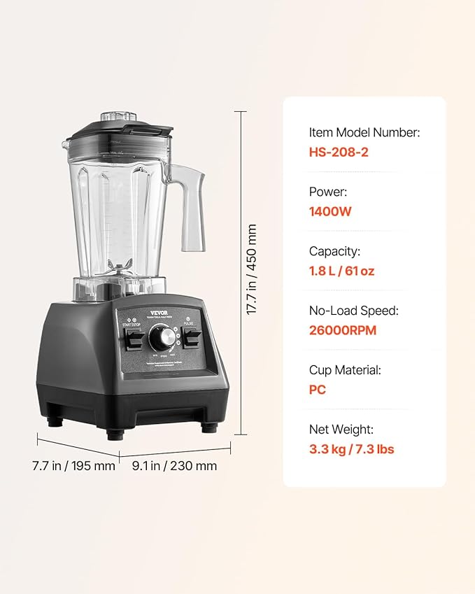 VEVOR Blender for Smoothies 61 oz 1400W Professional Blender with Powerful Motor Multi-Functional Food Processing for Smoothie/Milkshake/Juice Fits for Kitchen