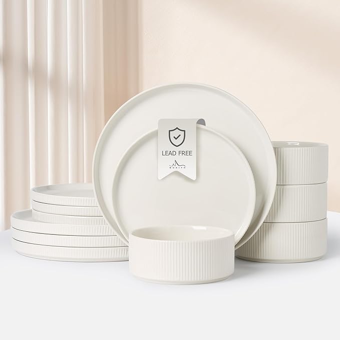 MONITO Ceramic Plates and Bowls Sets for 4 12PCS Stoneware Dinnerware Sets Reactive Glaze Dish Set Chip and Scratch Resistant Double Microwave and Dishwasher SafeWhite