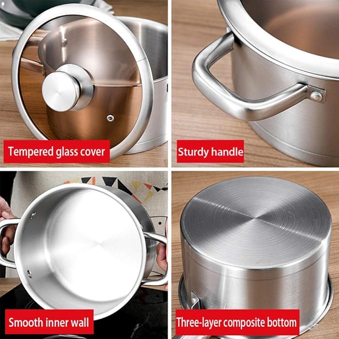 Cookware-Set 3-PieceCooking Pot Set with Glass-Lids All Types of Cookers Induction Gas Ceramic Electric (1Soup Pot 1Milk Pan1 Frying Pan) Stock Pot Variety Pack