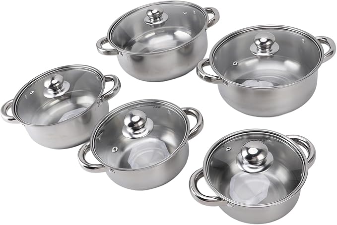 5pcs Stainless Steel Pots Kitchen Cookware Set Saucepan with Glass Lid Stockpot Soup Pot with 2 Ear Handle for Cooking Dishwasher