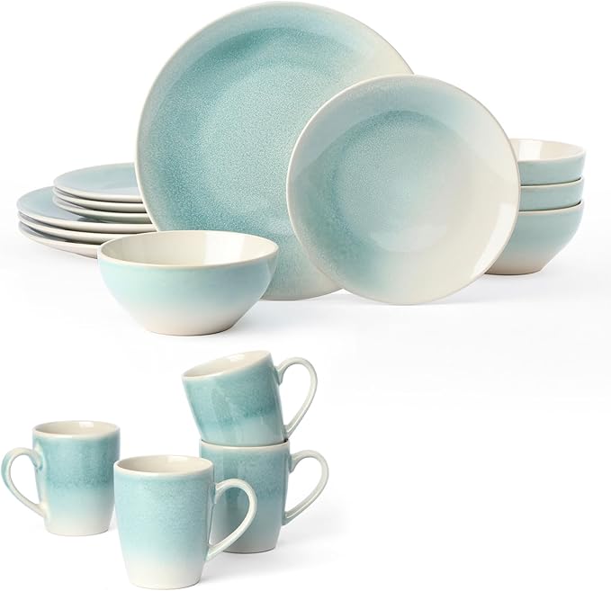 Famiware Glacier Plates and Bowls Sets 16 Pieces Stoneware Dinnerware Sets 13 oz Mug Set of 4 Aqua